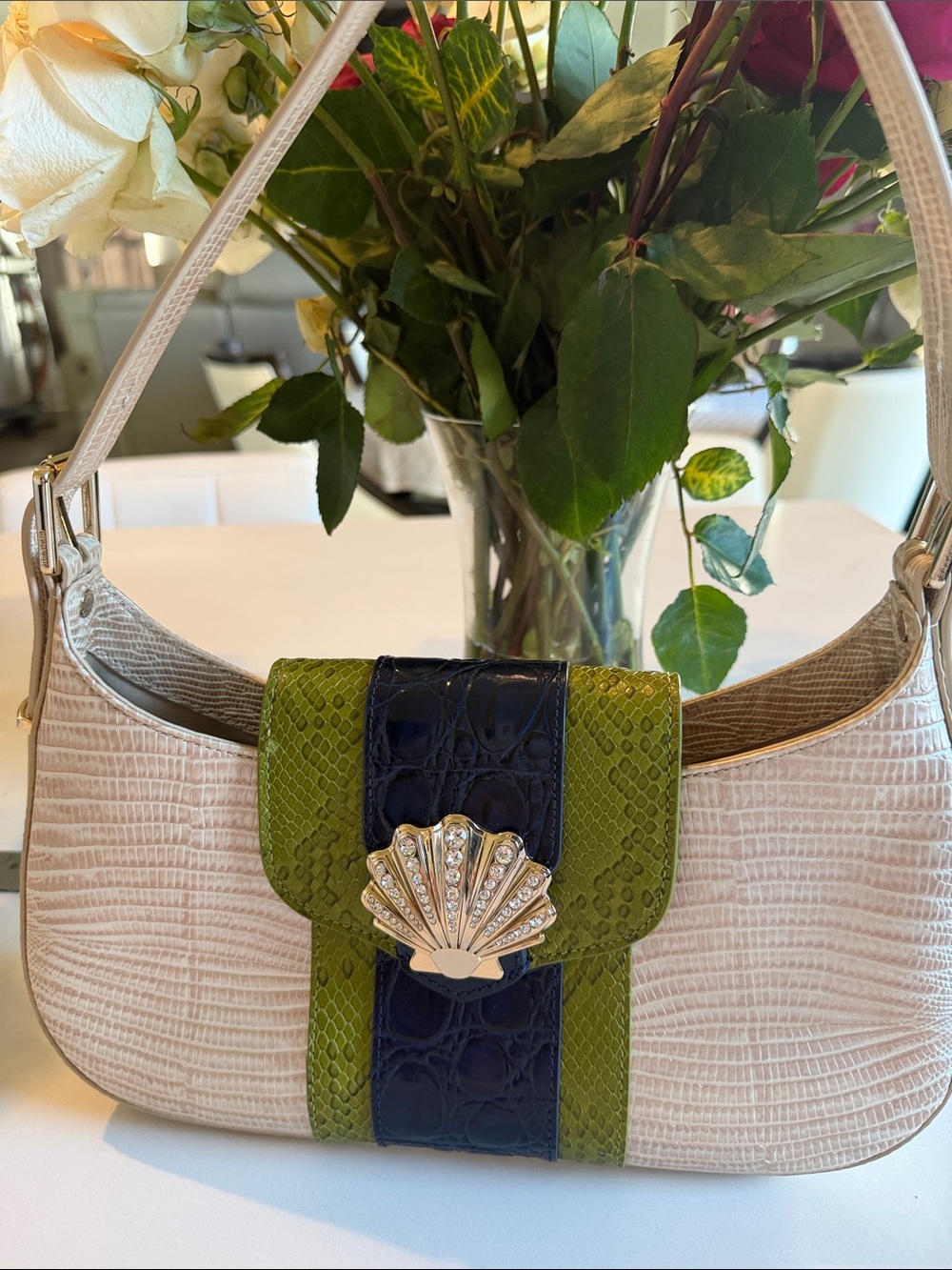 Brahmin White and Green Accent Shoulder Bag with Navy Trim